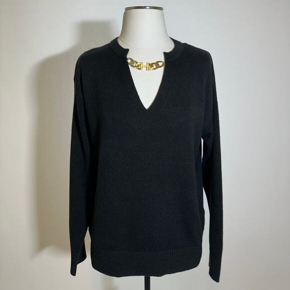 Halston Black Gold Chain Link Keyhole V-Neck Sweater Womens Size Medium M Career - Picture 1 of 10
